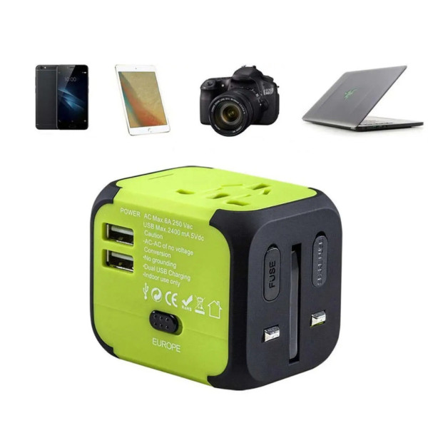 Універсальний мережевий адаптер для подорожей 2 USB Adapter Travel Перехідник для всіх типів розеток Салатовий