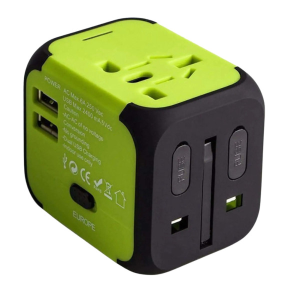Універсальний мережевий адаптер для подорожей 2 USB Adapter Travel Перехідник для всіх типів розеток Салатовий