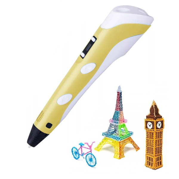 3D Ручка для дітей 3Д ручка 3-го покоління з дисплеєм LCD Pen 3 Набір з Еко Пластиком та трафаретом жовта