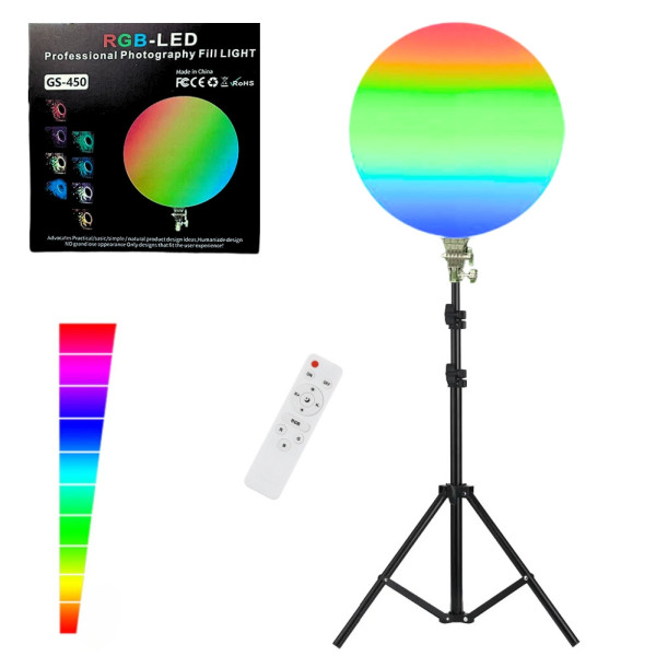 Круглая светодиодная лампа 45см RGB-LED Fill Light GS-450 цветная с пультом и штативом 2м для фото и видео Круглая светодиодная лампа 45см RGB-LED Fill Light GS-450 цветная с пультом и штативом 2м для фото и видео
