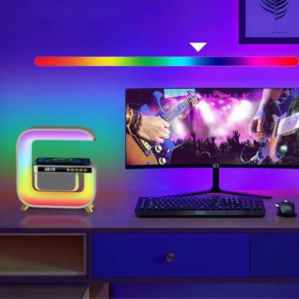 Ночник с беспроводной зарядкой часами 15W G 3 аккумуляторный RGB светильник колонка радио