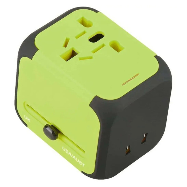 Універсальний мережевий адаптер для подорожей 2 USB Adapter Travel Перехідник для всіх типів розеток Салатовий