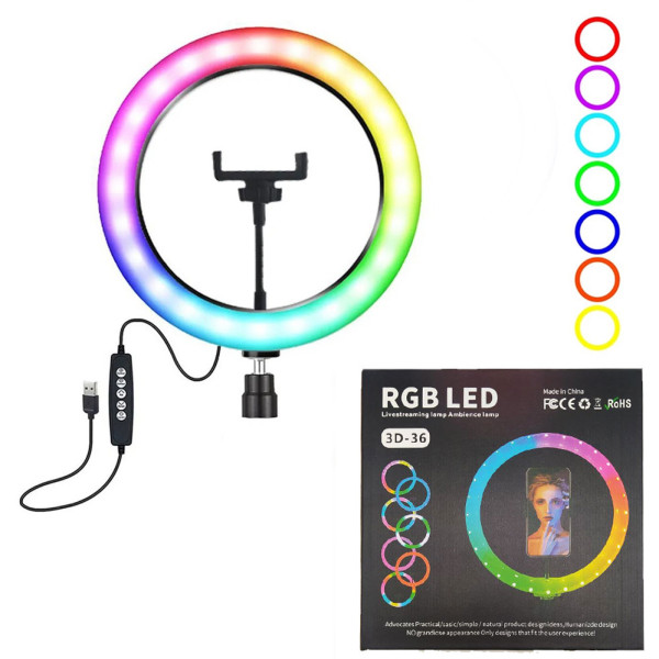Светодиодная лампа  кольцевая 3D RGB 36 см цветная двухсторонняя LED Селфи кольцо для фото блогеров от usb