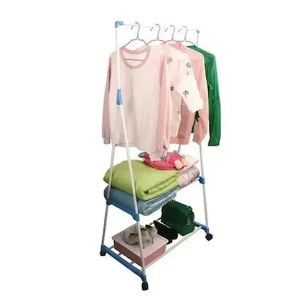 Стойка вешалка для одежды и обуви Передвижная двухъярусная Clothes Rack Напольная с полками на колесиках