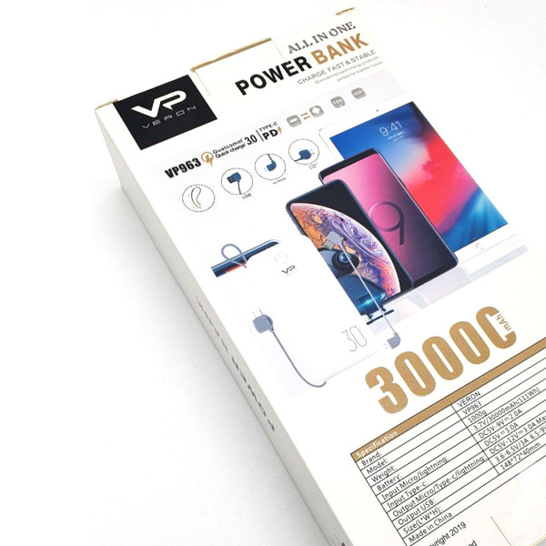 Powerbank Портативный Повербанк Veron 30000mAh Пауэрбанк для зарядки телефона Micro Type-c Lightning павербенк
