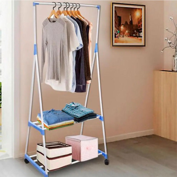 Стойка вешалка для одежды и обуви Передвижная двухъярусная Clothes Rack Напольная с полками на колесиках
