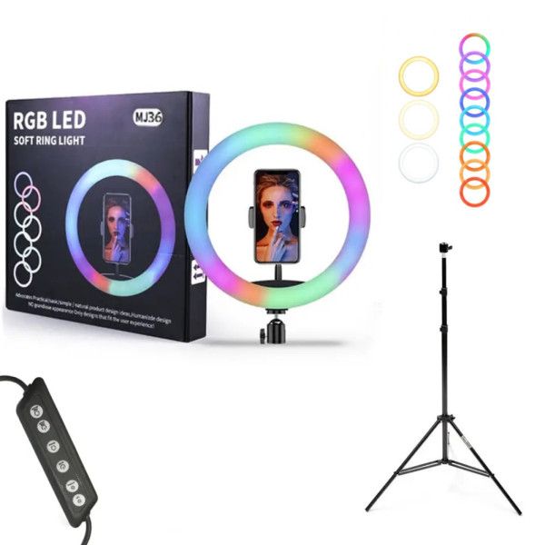 Кольцевая светодиодная цветная LED RGB лампа MJ36 см штатив 2м подсветка мультиколор для блогеров селфи кольцо