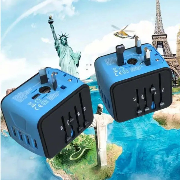 Универсальный сетевой  USB адаптер для путешествий и дома Adapter Travel ORIGINAL Переходник для розеток Синий