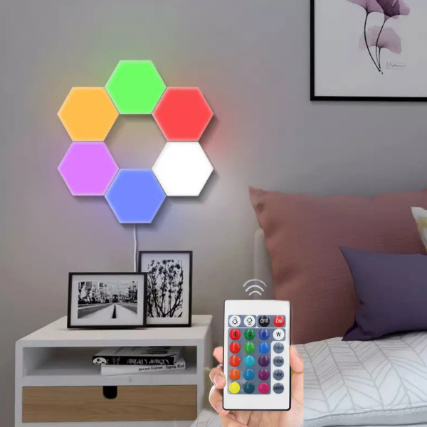 Светильник модульный LED RGB сенсорный шестигранный с пультом составная лампа соты настенные 6 шт комплект