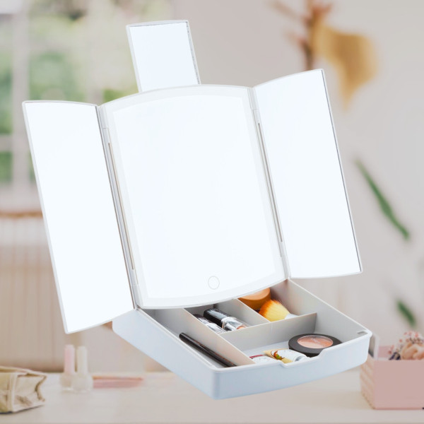 Тройное складное зеркало My Fold Away с LED подсветкой и органайзером Косметическое настольное зеркало