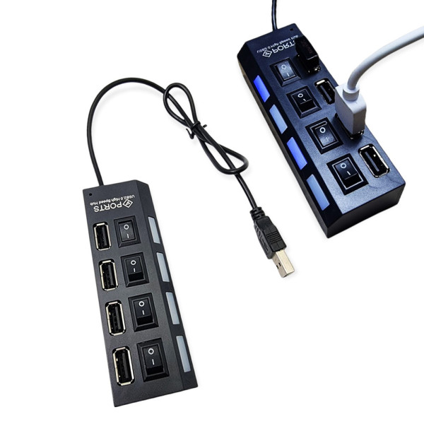 USB хаб 2.0 концентратор адаптер разветвитель на 4 порта с переключателями на каждый порт черный питание USB