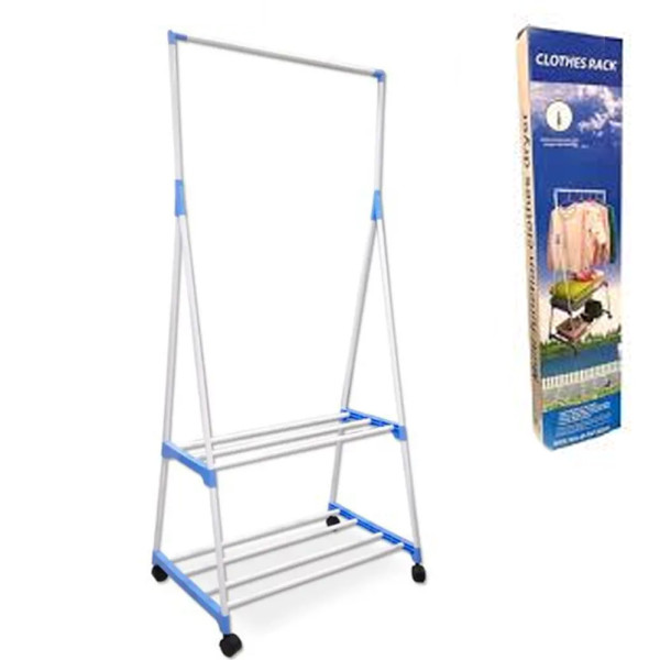 Стойка вешалка для одежды и обуви Передвижная двухъярусная Clothes Rack Напольная с полками на колесиках