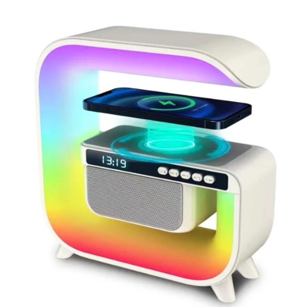 Ночник с беспроводной зарядкой часами 15W G 3 аккумуляторный RGB светильник колонка радио