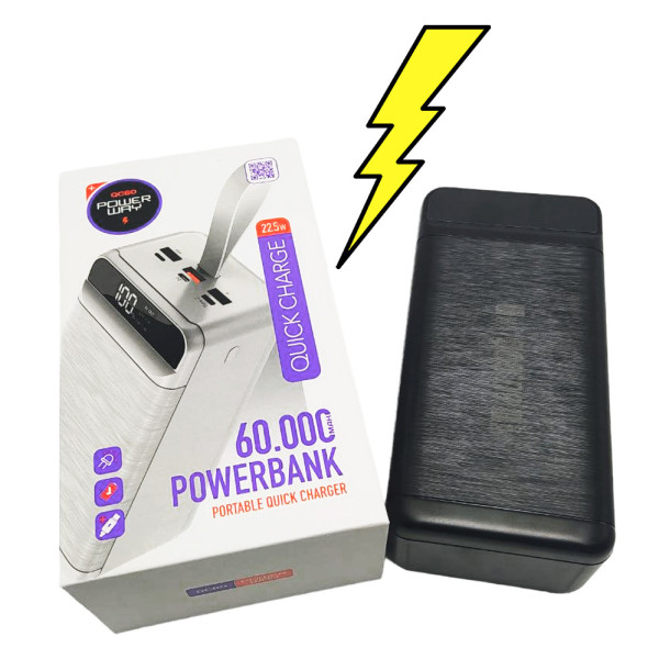 Повербанк QC60 60000 мАч Powerbank для зарядки телефона мощный Lightning Type-C Micro USB с фонариком