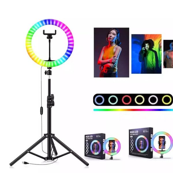 Кольцевая светодиодная цветная LED RGB лампа MJ36 см штатив 2м подсветка мультиколор для блогеров селфи кольцо