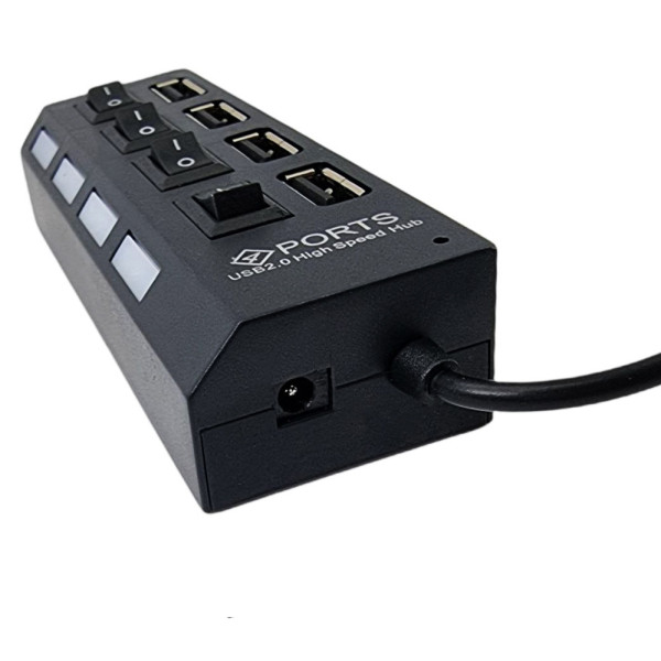 USB хаб 2.0 концентратор адаптер разветвитель на 4 порта с переключателями на каждый порт черный питание USB