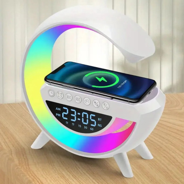 Ночник с беспроводной зарядкой часами и будильником аккумуляторная Bluetooth колонка радио RGB светильник