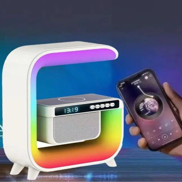 Ночник с беспроводной зарядкой часами 15W G 3 аккумуляторный RGB светильник колонка радио