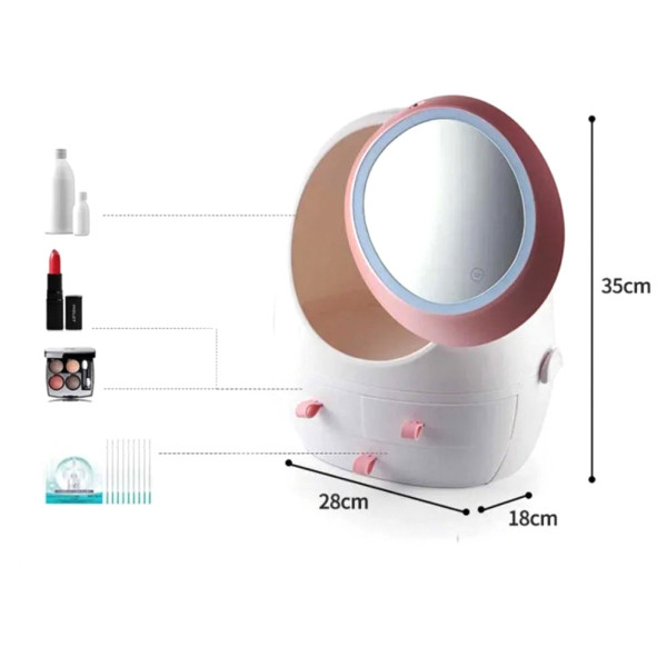 Органайзер стойка для косметики с зеркалом и LED-подсветкой Настольный Кейс с защитой от влаги пыли W-1 Белый