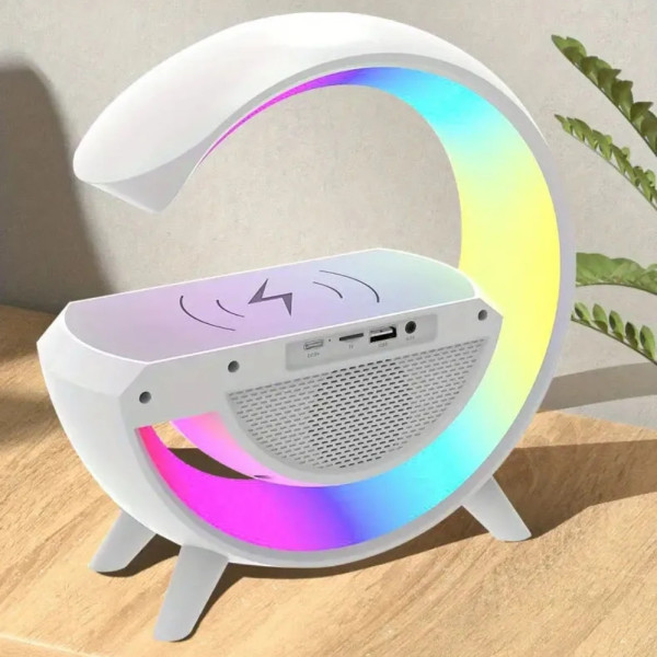 Ночник с беспроводной зарядкой часами и будильником аккумуляторная Bluetooth колонка радио RGB светильник