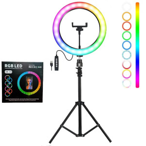 Кольцевая LED лампа 3D RGB 33 см цветная двухсторонняя со штативом 2 м Селфи кольцо для блогеров от USB