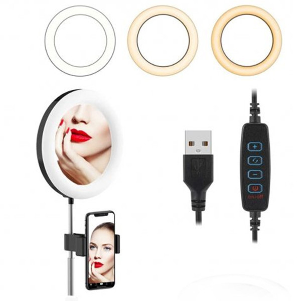 Лампа кольцевая 26см с зеркалом Ra:95 LED селфи кольцо с USB и пультом на шнуре светодиодная