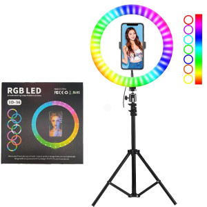 Кольцевая LED лампа 3D RGB 36 см цветная двухсторонняя со штативом 2 м Селфи кольцо для блогеров от USB