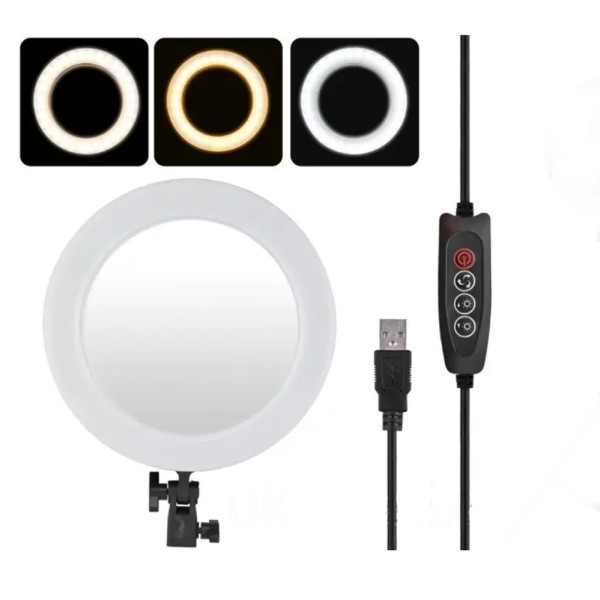 Лампа кольцевая 26см с зеркалом Ra:95 LED селфи кольцо с USB и пультом на шнуре светодиодная