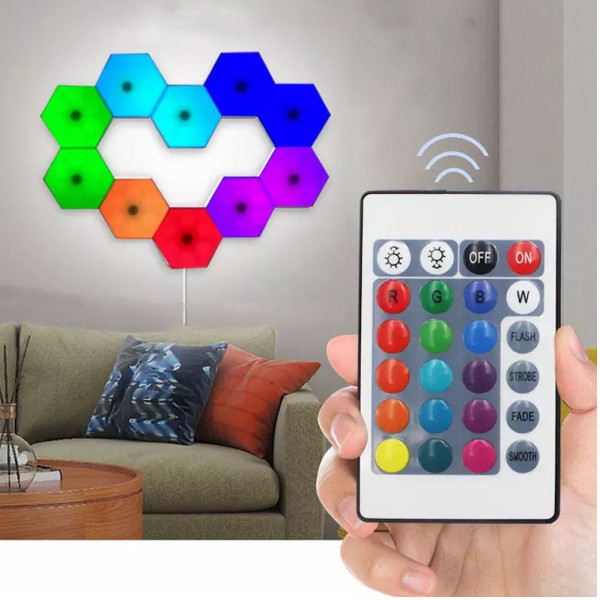 Светильник модульный LED RGB сенсорный шестигранный с пультом составная лампа соты настенные 3 шт комплект