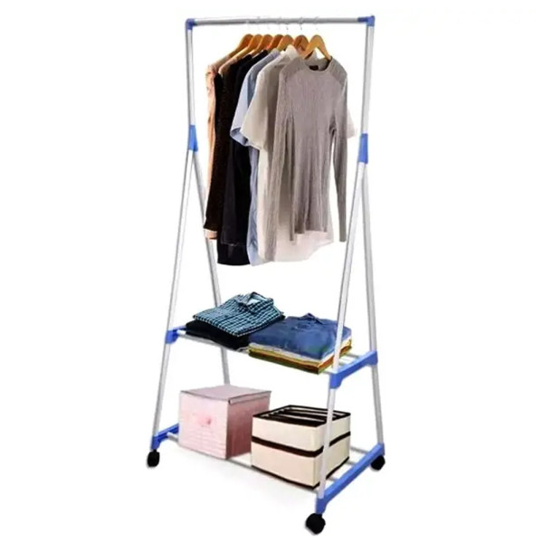 Стойка вешалка для одежды и обуви Передвижная двухъярусная Clothes Rack Напольная с полками на колесиках