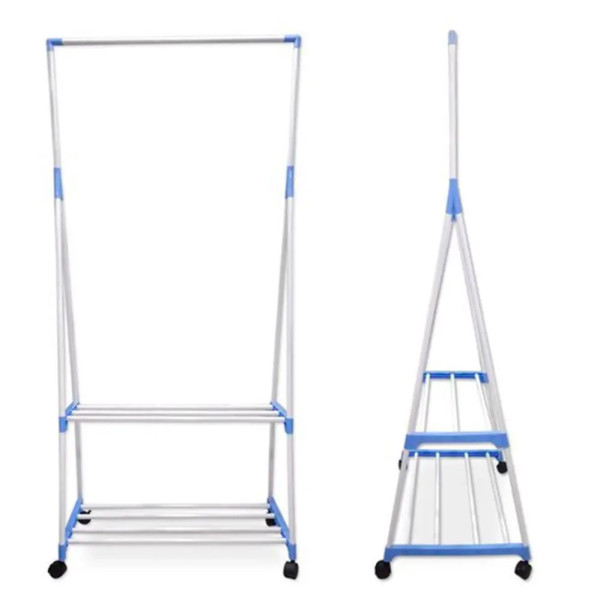 Стойка вешалка для одежды и обуви Передвижная двухъярусная Clothes Rack Напольная с полками на колесиках