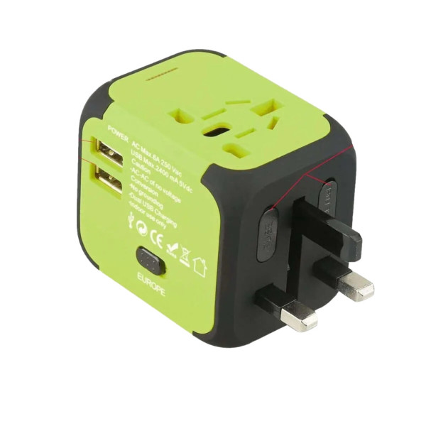 Універсальний мережевий адаптер для подорожей 2 USB Adapter Travel Перехідник для всіх типів розеток Салатовий