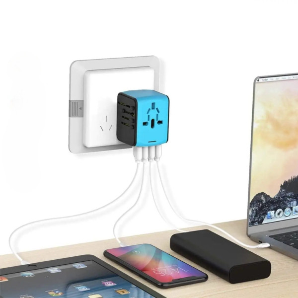 Универсальный сетевой  USB адаптер для путешествий и дома Adapter Travel ORIGINAL Переходник для розеток Синий